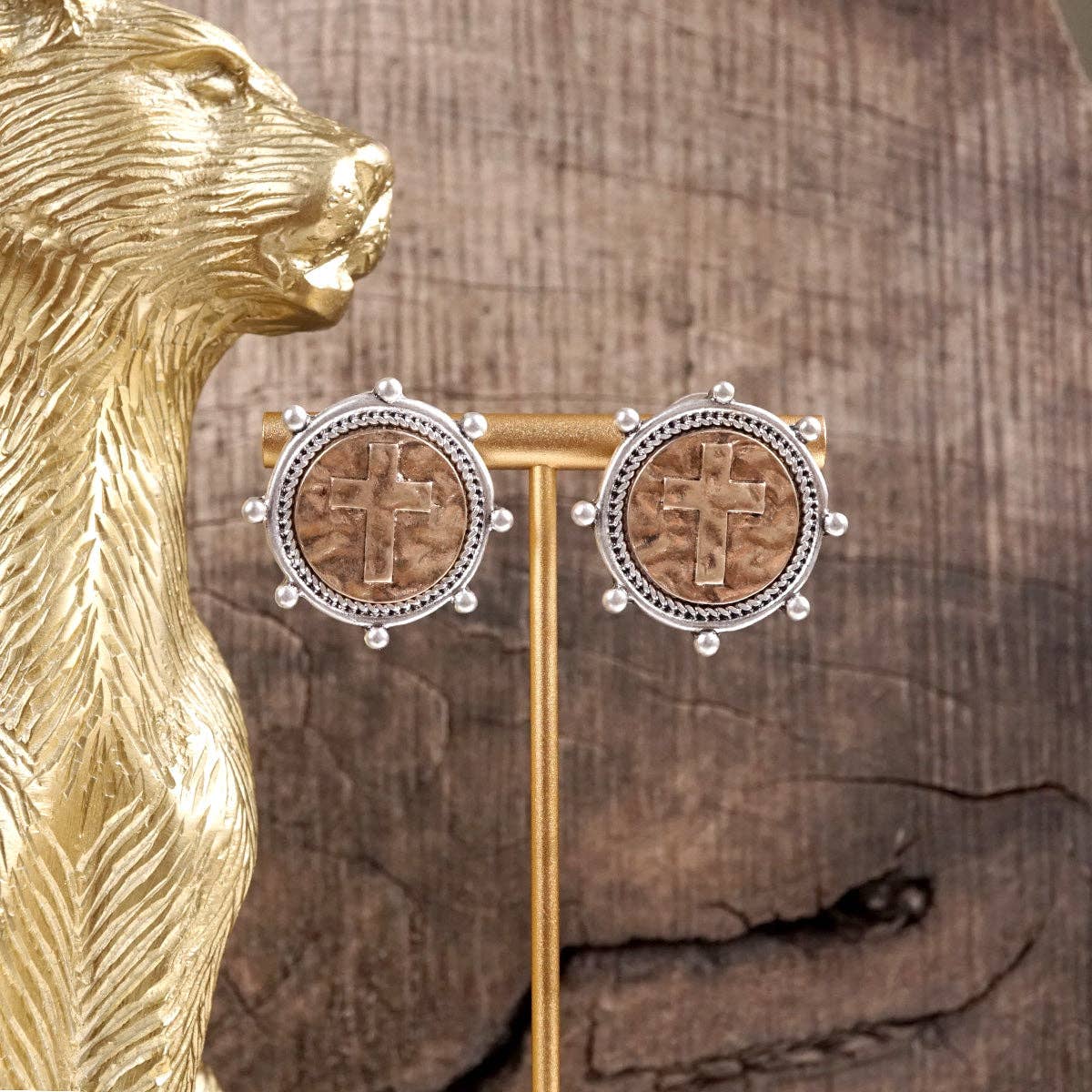 PennyLine inc - Divine Duo – Two-Tone Cross Coin Stud Earrings: Gold Frame-Silver Coin