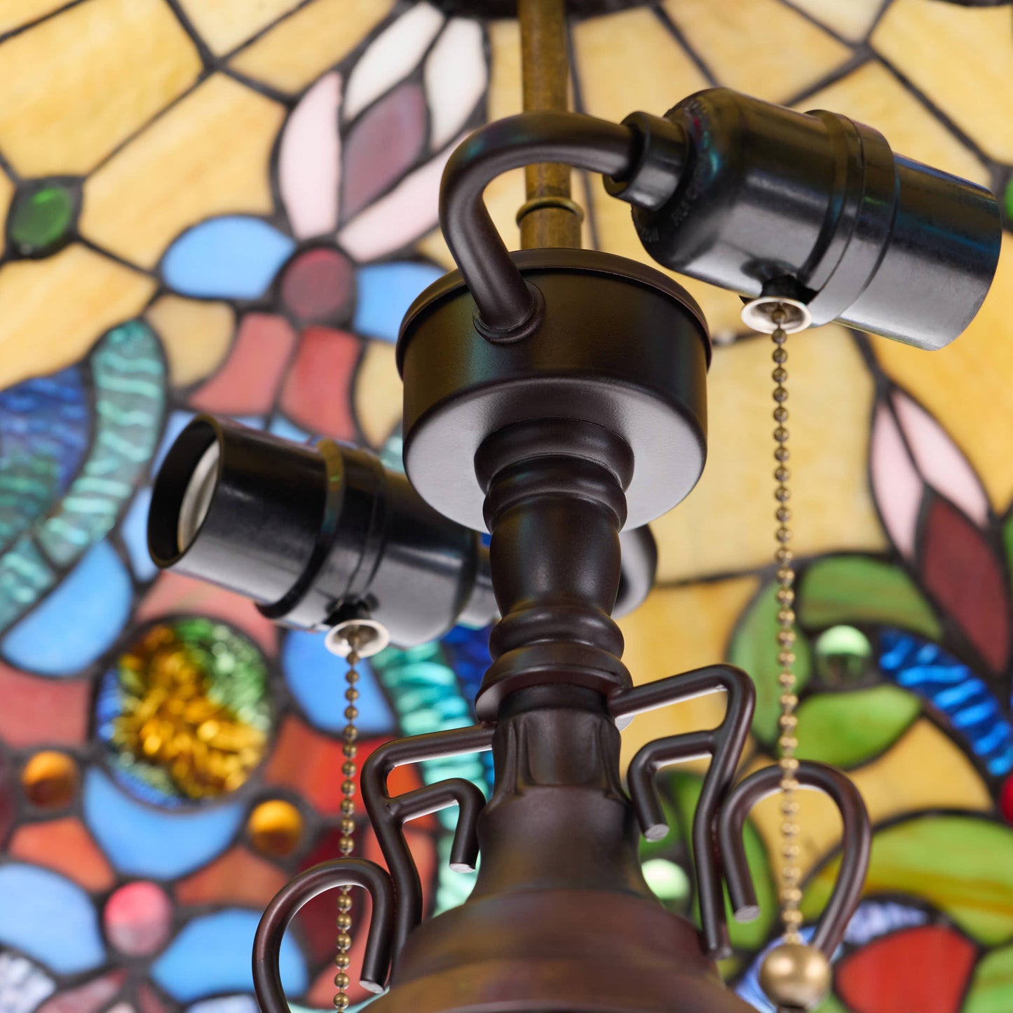 River of Goods - 24"H Double Lit Amber Tiffany Style Stained Glass Table Lamp