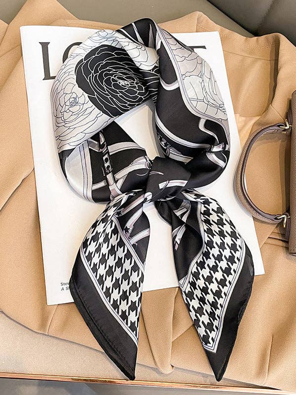 UZ Wholesale Store - Flower Print Houndstooth Scarf: BLACK / One_size