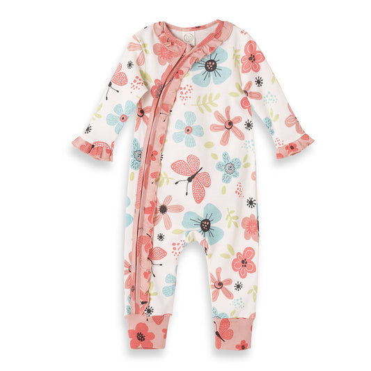 Tesa Babe - Fluttering Blossoms Baby Girl Cotton Zipper Romper: 6-12M