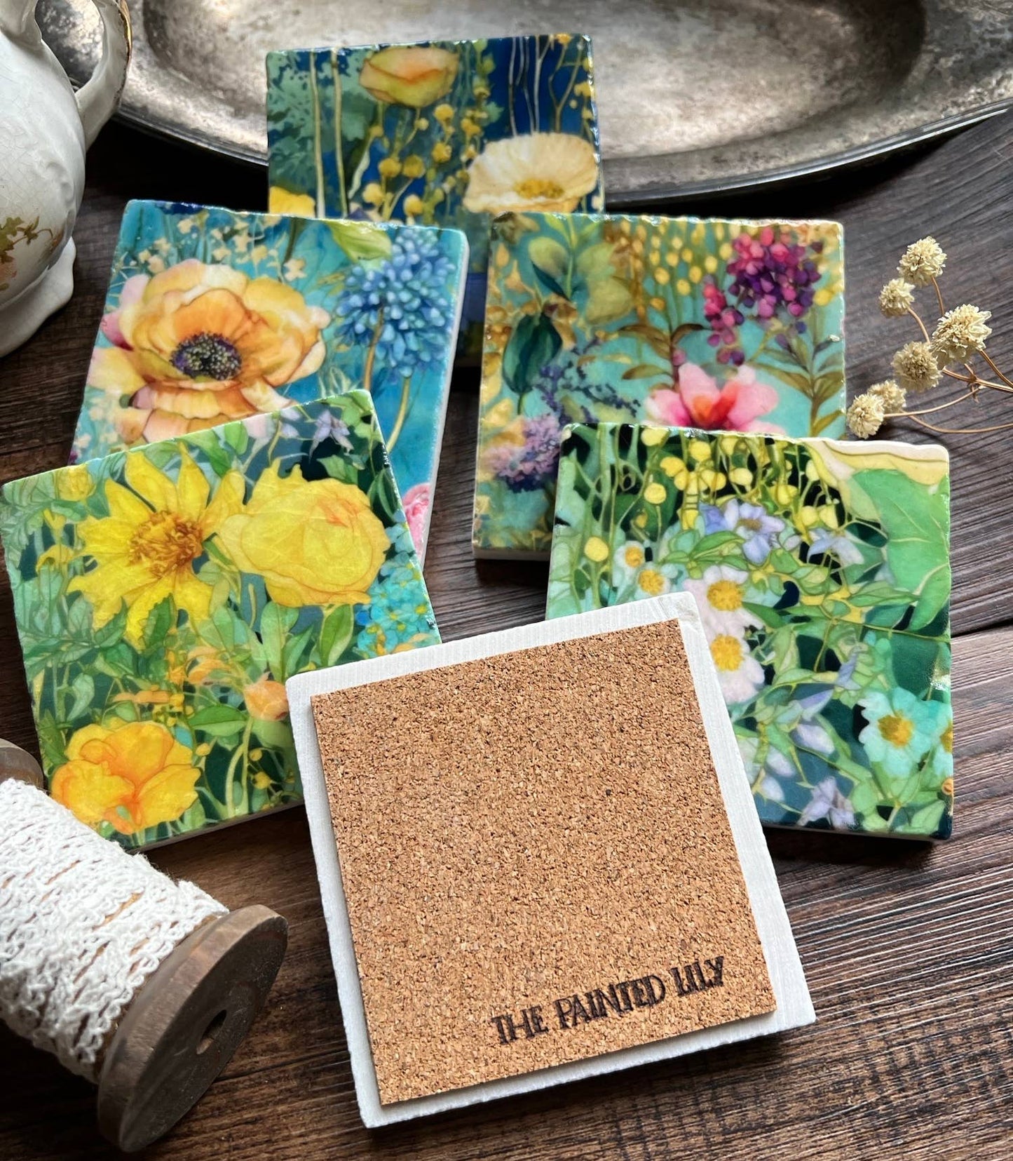The Painted Lily - Watercolor Garden Sunshine stone coasters - case of 6