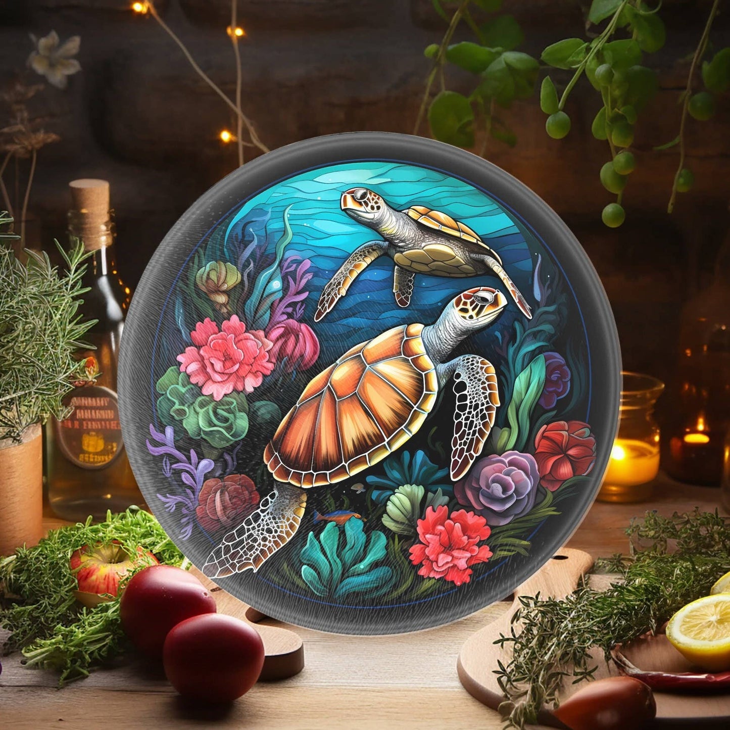Fernville Creations - Turtle Tempered Glass Cutting & Serving Board: 12 Inch
