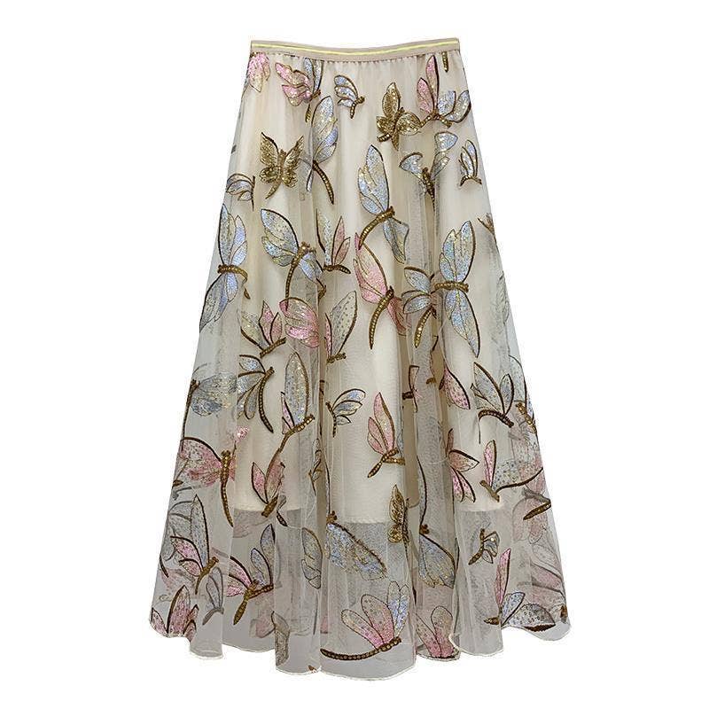 PEACH ACCESSORIES - Shimmery Dragonfly Embellished skirt in Cream SK166: Silver