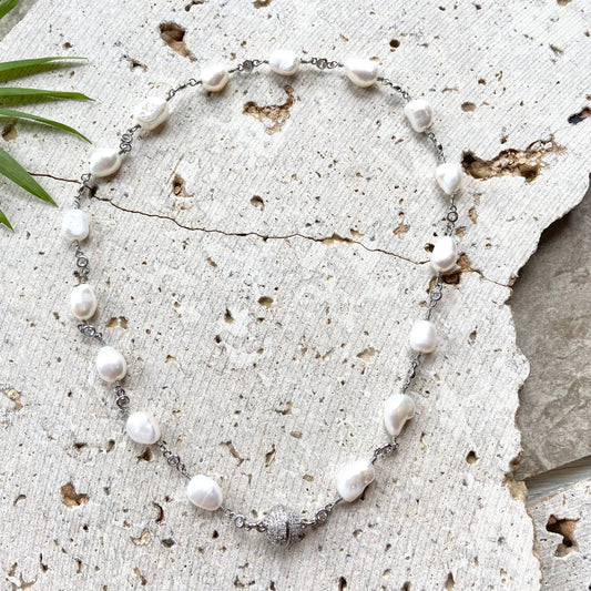 VB&CO Designs Handmade Jewelry - Magnetic genuine pearl necklace  boutique salon bridal ocean: Silver / 18”