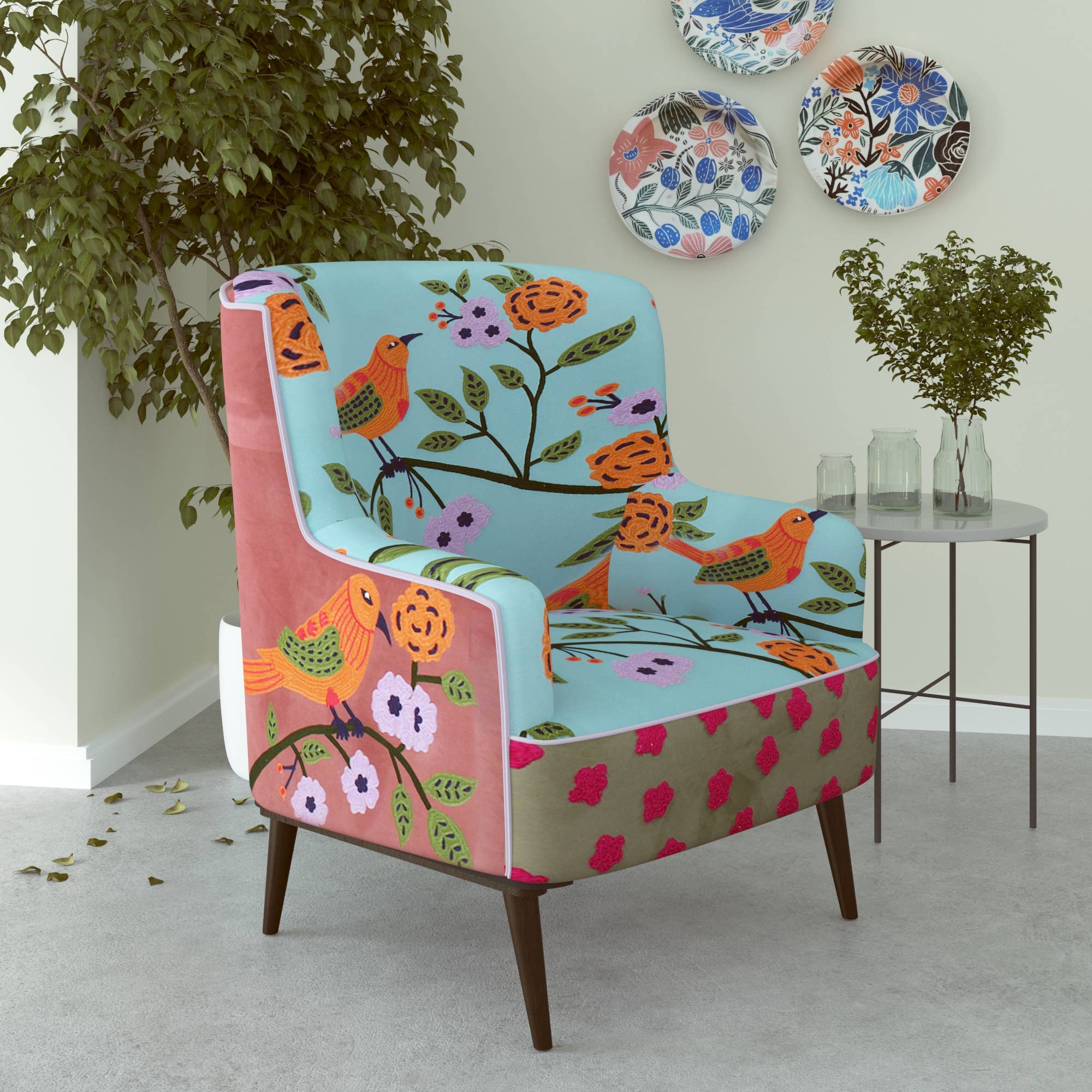 LR Home Floral Embroidered Wood Chair - Thumbnail 2