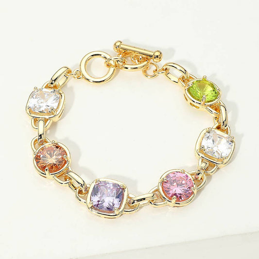 Sensibling Corp. - 14K Gold Plated Multi Color CZ Stone Link Toggle Bracelet: Gold,Light,Multi