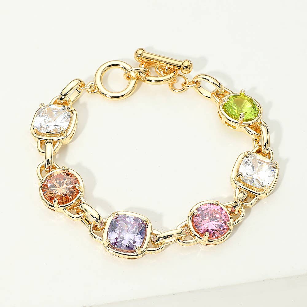 Sensibling Corp. - 14K Gold Plated Multi Color CZ Stone Link Toggle Bracelet: Multi,Two Tone
