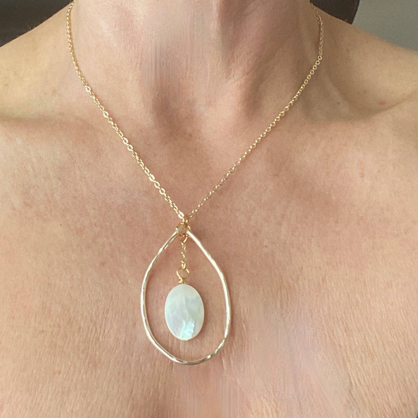 Marble Designs Jewelry - Gold Hammered Organic Hoop with Mother of Pearl Necklace