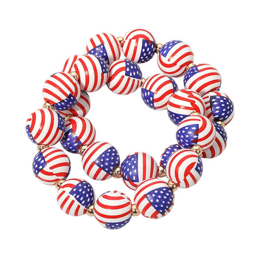 Sensibling Corp. - 2PCS - USA Flag Printed Beaded Stretch Bracelet