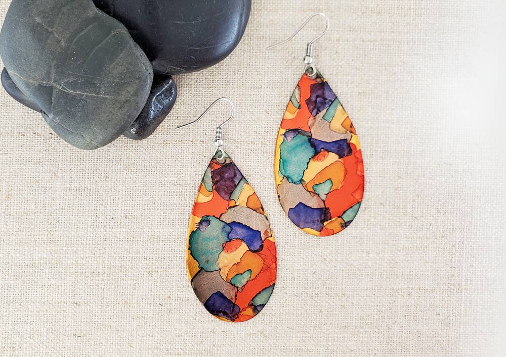 Covaly Artisan Jewelry - Alcohol Ink Large Teardrop Earrings: Reds