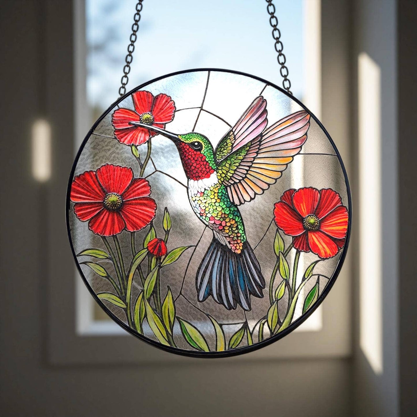 NVC Ecommerce LLC - Vibrant Bird and Poppy Stained Glass Suncatcher, Hummingbird: 11.8in