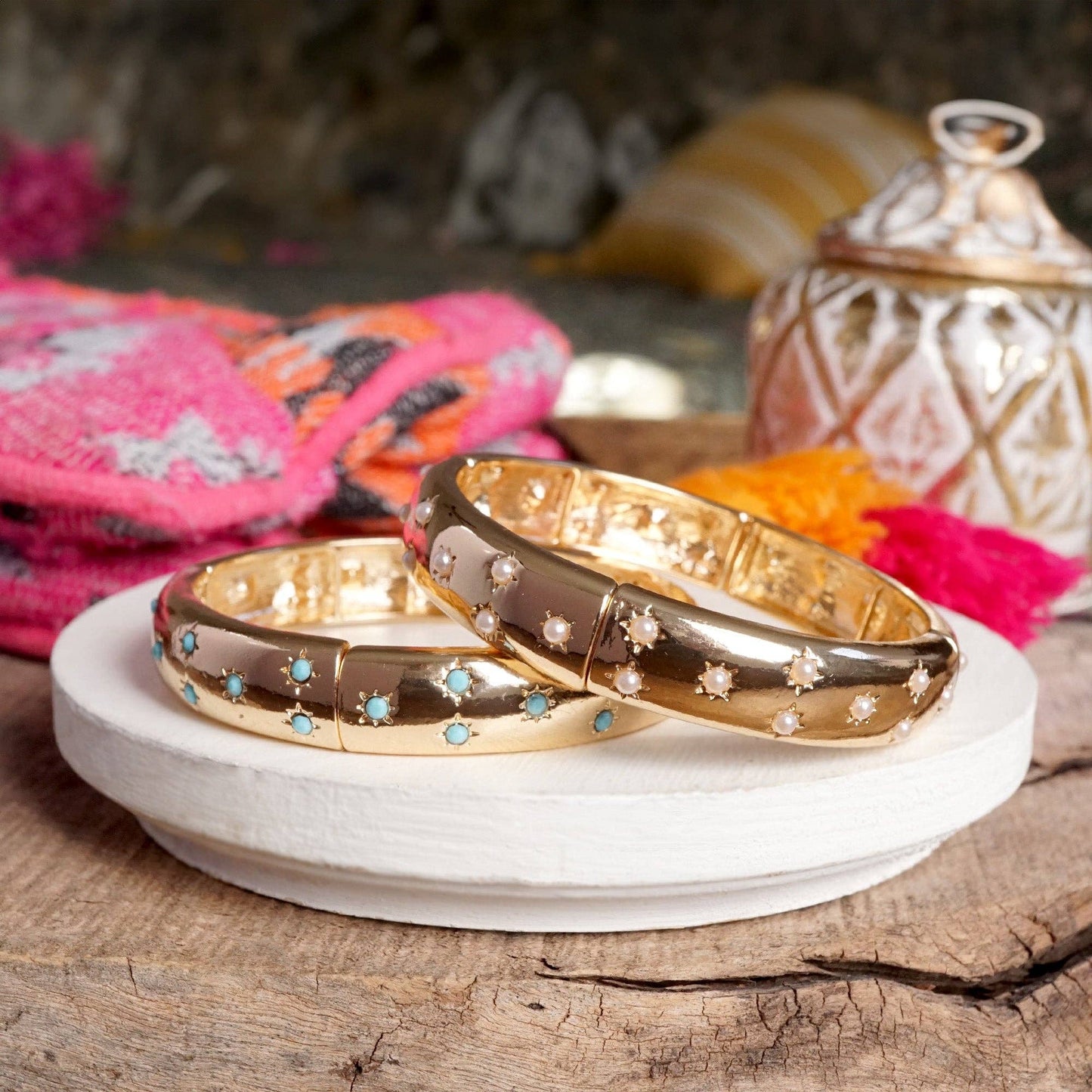 PennyLine inc - Gold-Tone Eternity Stretch Bangle – Pearls, Turquoise, or Crystals: Skinny - Clear Crystals