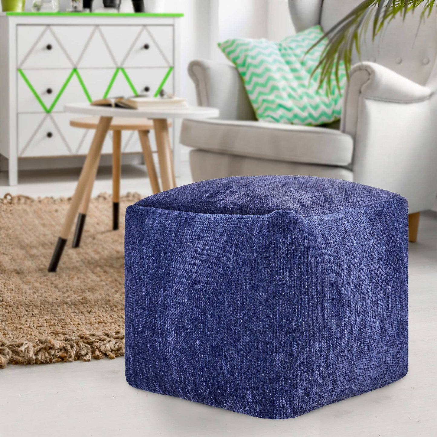 LR Home - Yaar Transitional Solid Chenille Indoor Pouf: Navy