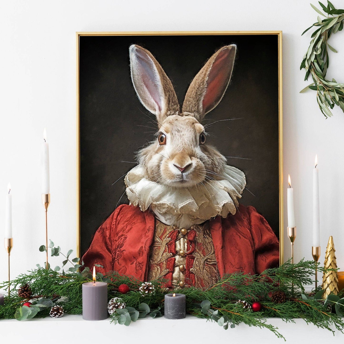 Ink & Drop - Christmas Rabbit Animal Portrait Print: 11 ¾ x 15 ¾ in | 30x40 cm / Matte