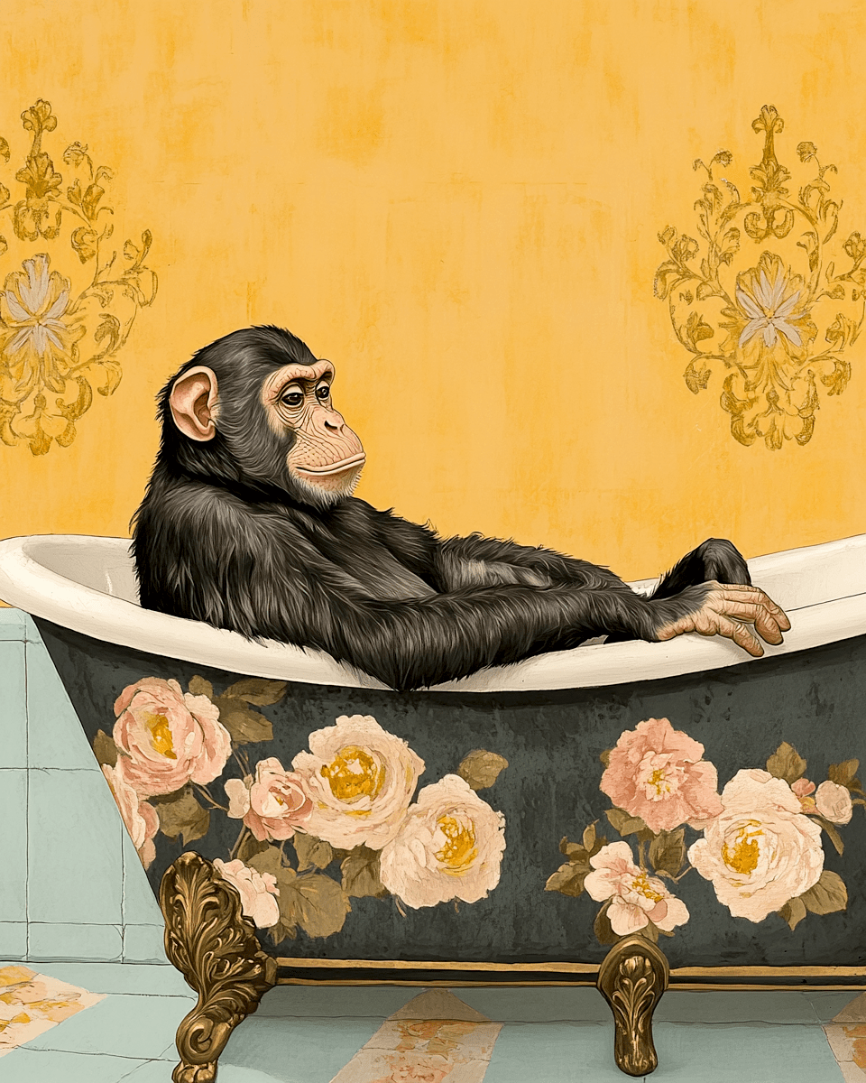 Mowbi - Monkey in Bathtub - Bathroom Wall Art Prints – 8″x10″ Artwork for 11″x14″ Frame