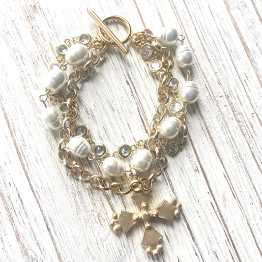 VB&CO Designs Handmade Jewelry - French vintage cross pearl matte gold jewelry: Matte gold