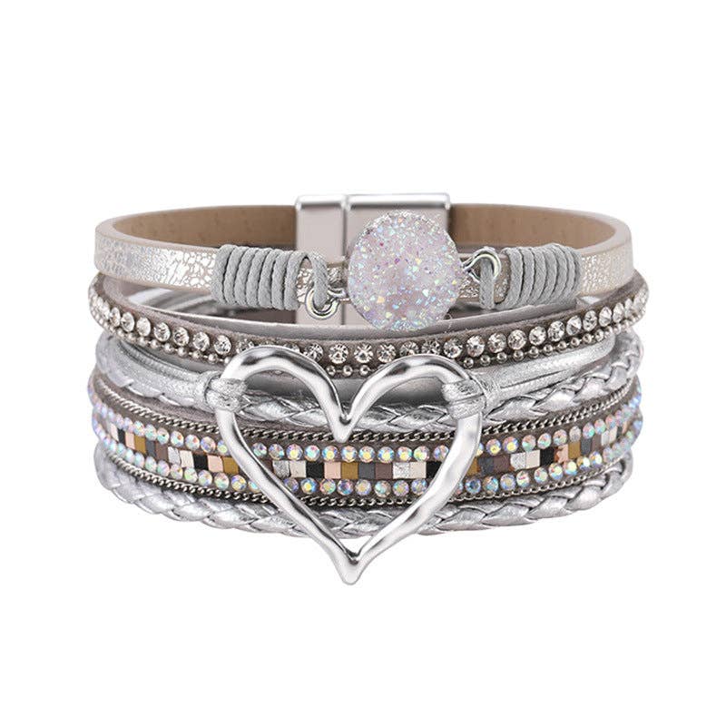 Mio Queena - Multi-Layer Heart Charm Bangle Bracelets - BJ/LB: Silver