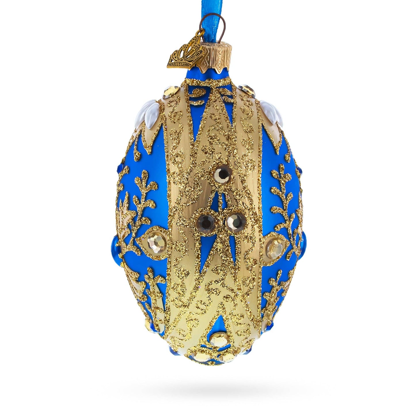 BestPysanky - Golden Swirls on Blue Glass Egg Ornament