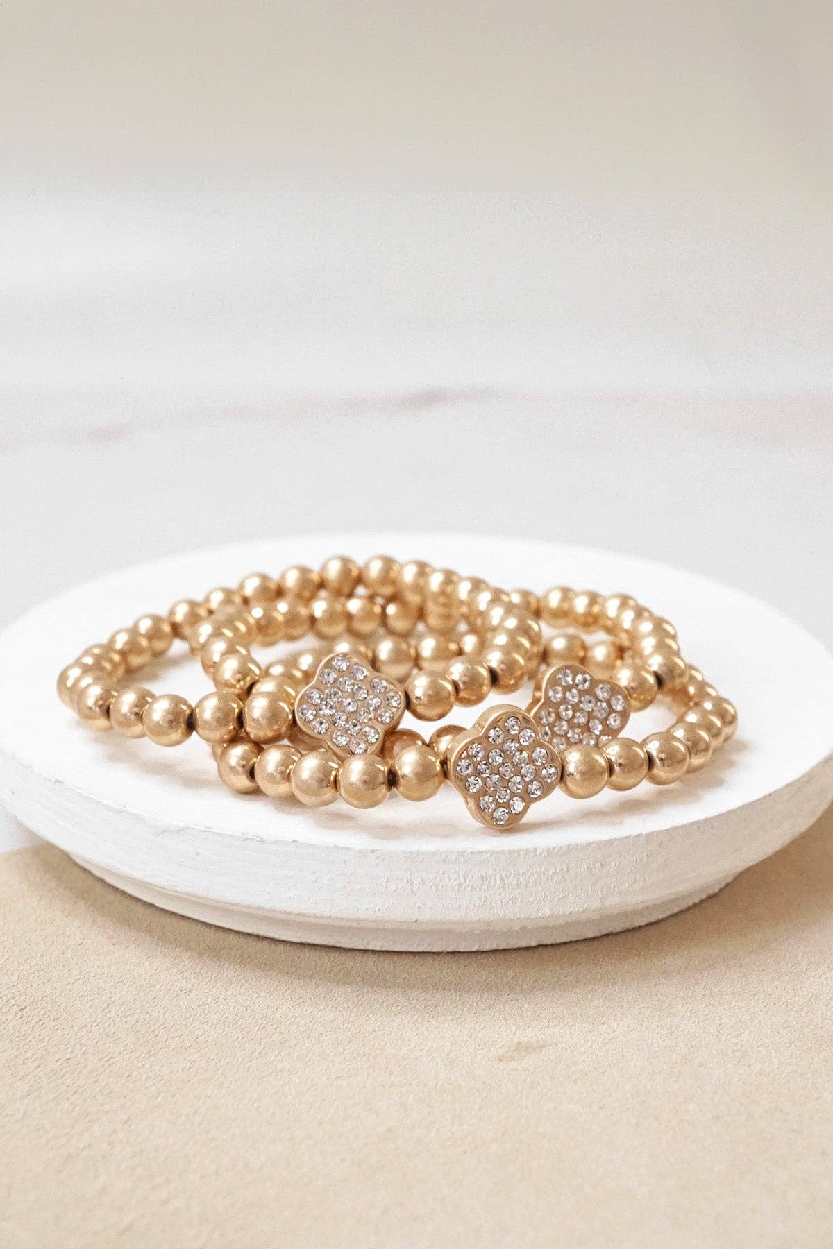 PennyLine inc - Crystal Clover ball beads bracelets stack Worn Gold tone