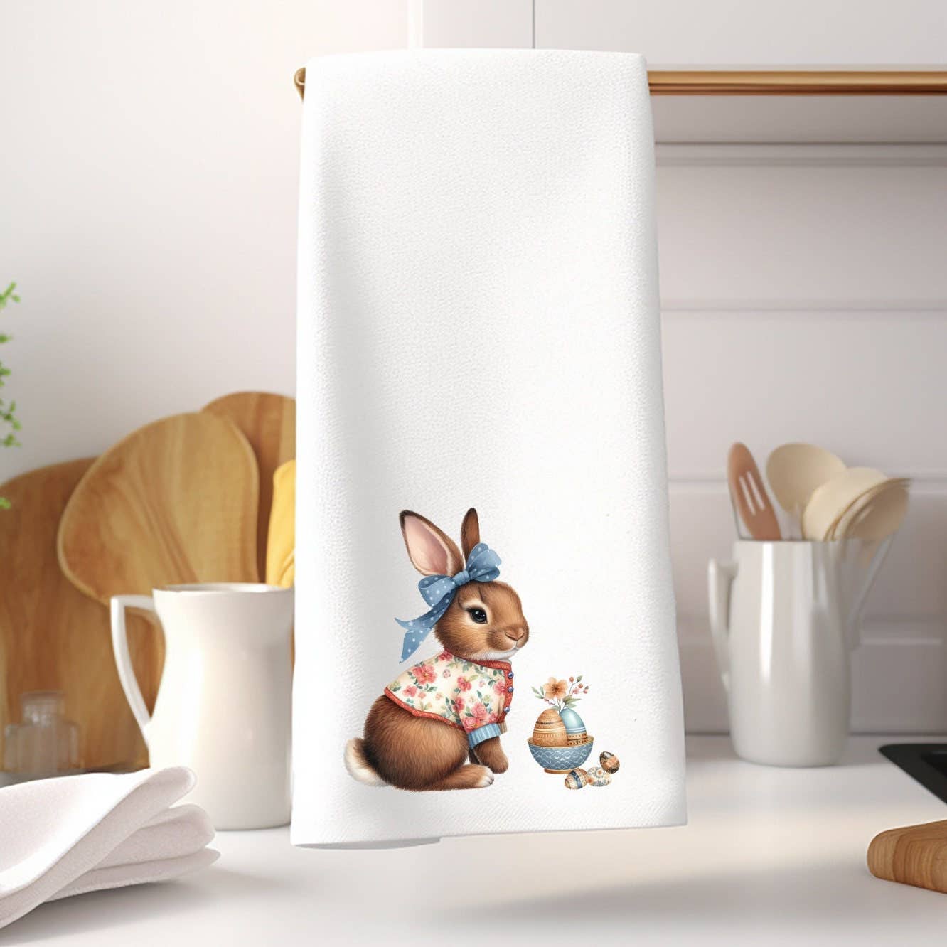 Fernville Creations - Spring Easter Hand Towel with Bunny & Eggs, Customizable: Without