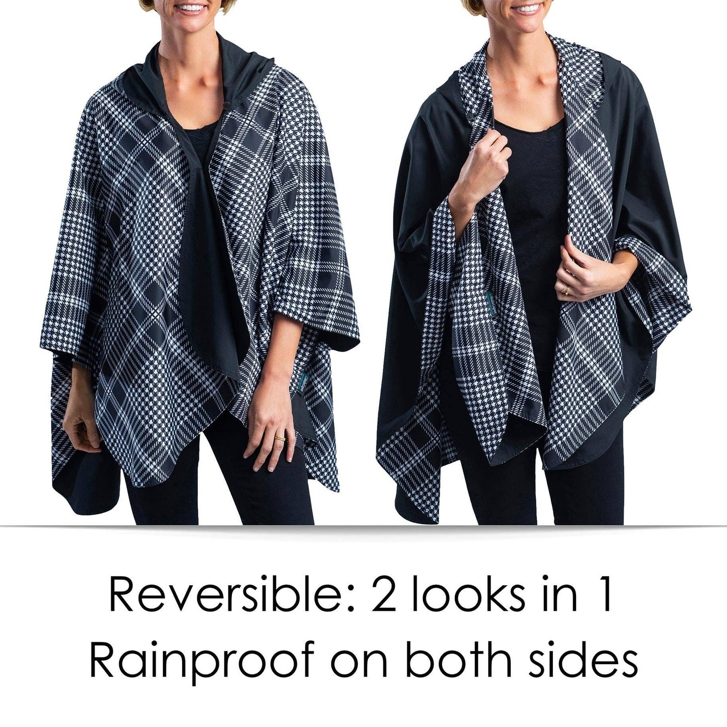 RainCaper - Black & Houndstooth Hooded Rain Cape – Lightweight Women's Rain Wrap