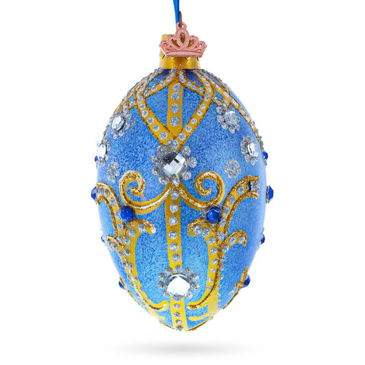 BestPysanky - Jewels and Golden Scrolls on Glitter Blue Glass Egg Ornament