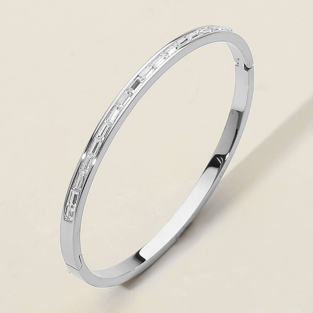 Sensibling Corp. - Baguette Stone Stainless Steel Hinged Bangle Bracelet: Silver