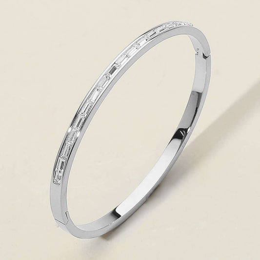 Sensibling Corp. - Baguette Stone Stainless Steel Hinged Bangle Bracelet: Silver