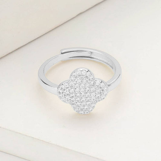Sensibling Corp. - Gold Dipped CZ Stone Paved Quatrefoil Adjustable Ring: Clear,Rhodium