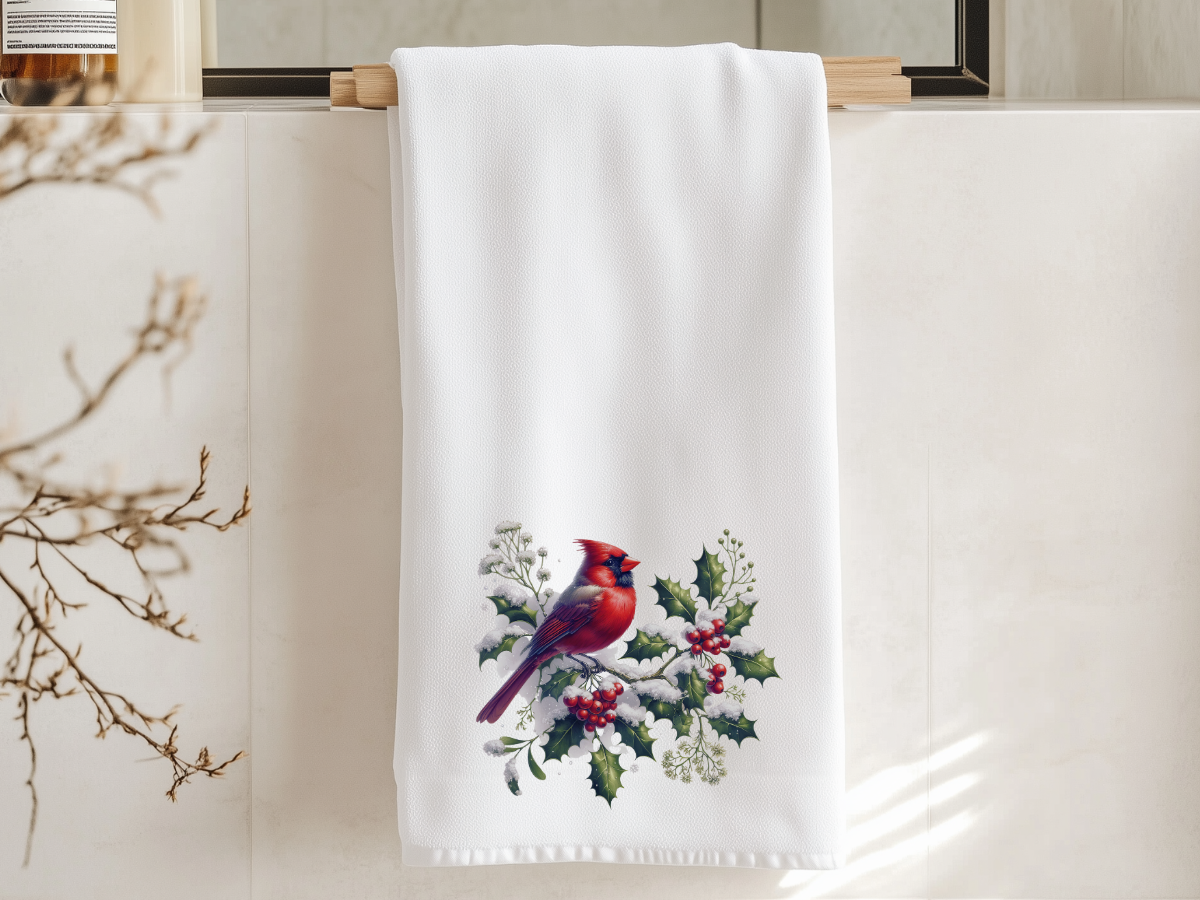 Fernville Creations - Cardinal Hand Towel, Winter Bath Accent, Powder Room Towel