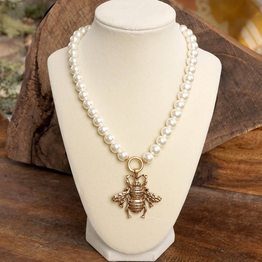 PennyLine inc - Boho Bee Pearls Statement Timeless Necklace in Worn Gold
