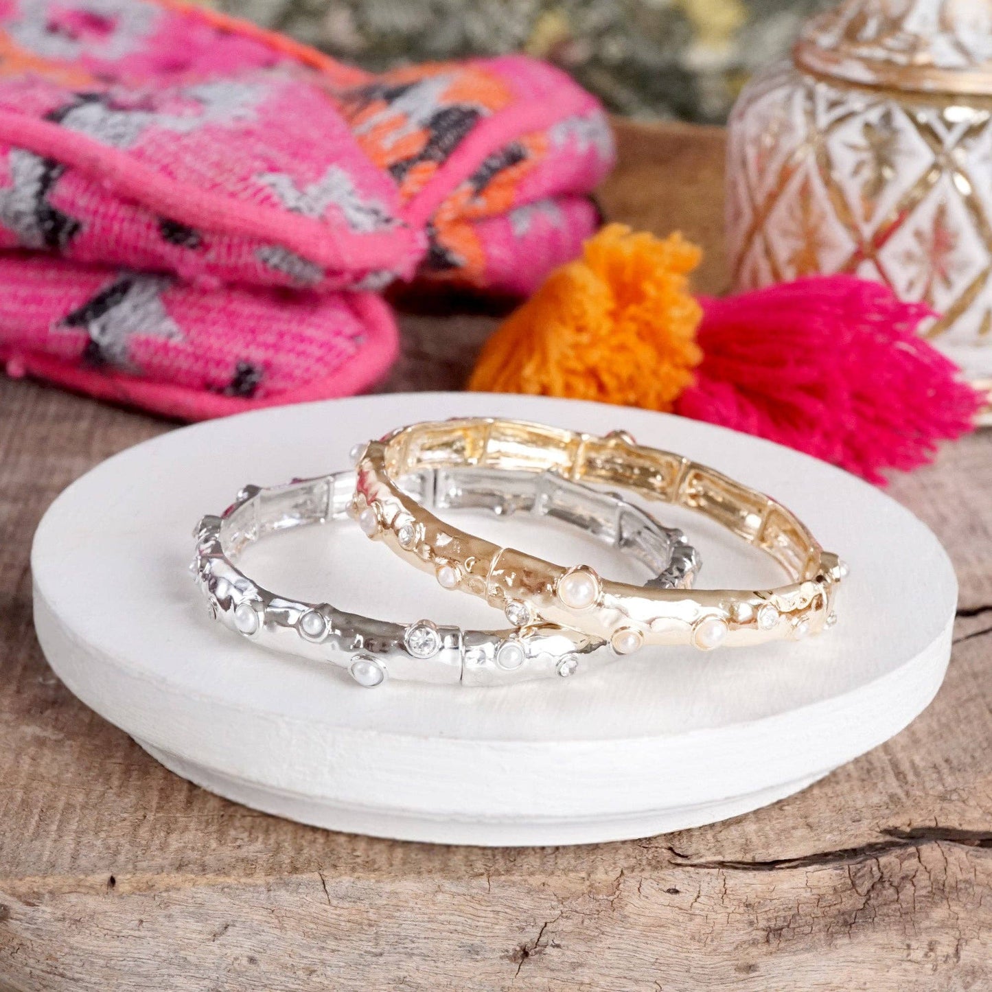 PennyLine inc - Stretchy Stackable Bangle Pearls and Rhinestones Gold or Silver Tone: Pearls and Crystals - Silver Tone