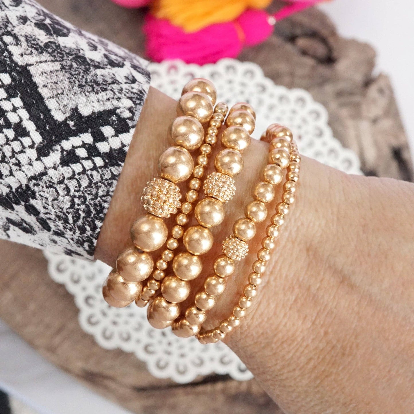 PennyLine inc - Multi size ball beaded bracelet stack Worn Gold tone bracelet set