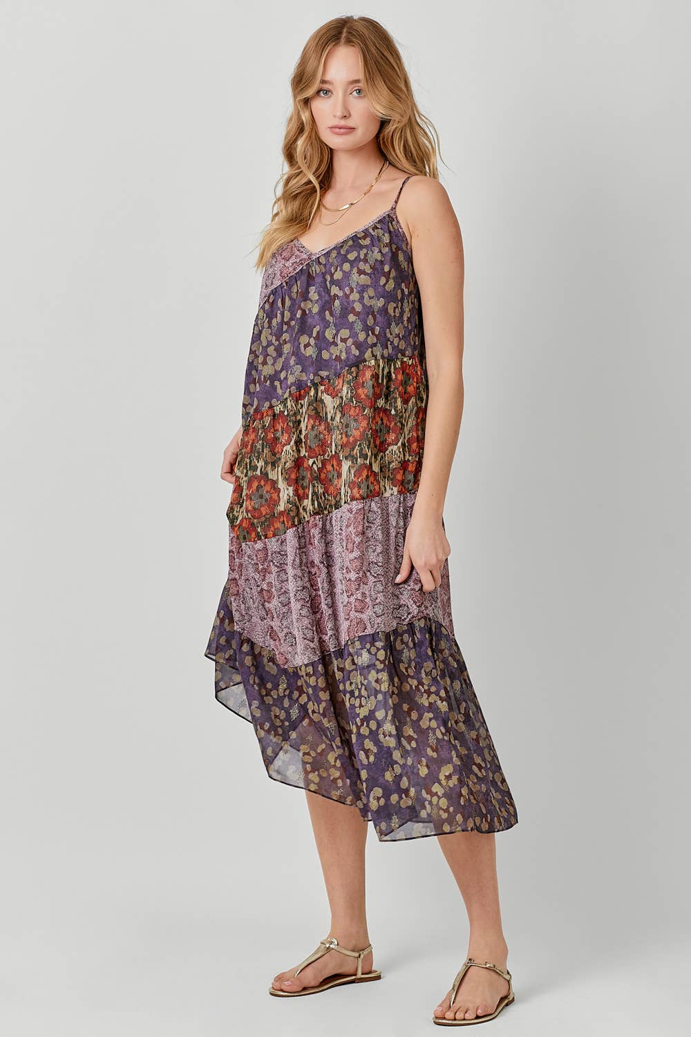 Mystree - 60071 Print Mixed Maxi Dress: Lavender Mix / Small