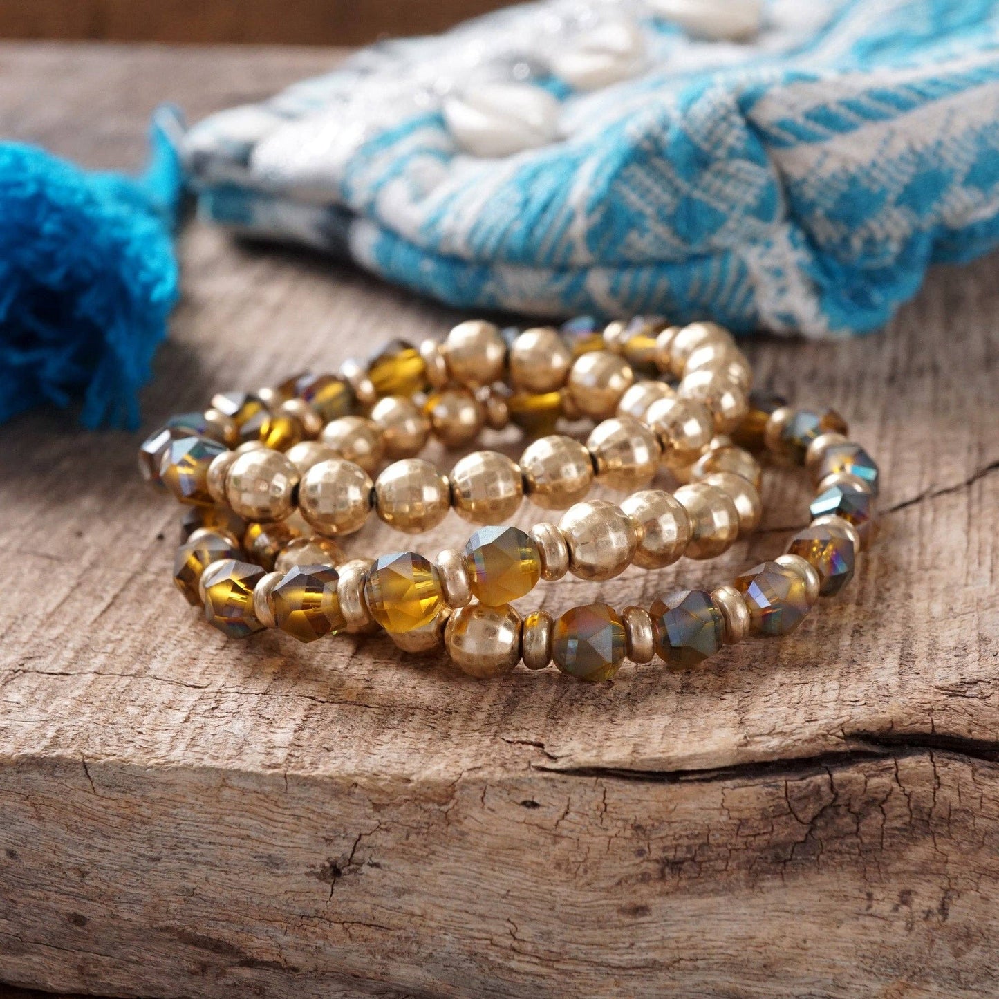 PennyLine inc - Festive Stretchy Beaded bracelet Sets - Gold, Black, Brown, Red: Natural Brown and Green
