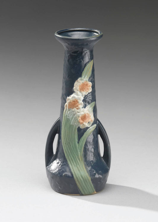 AA Importing - Roseville-Style, Primrose Vase in Blue, Brown & Green, 7": Blue