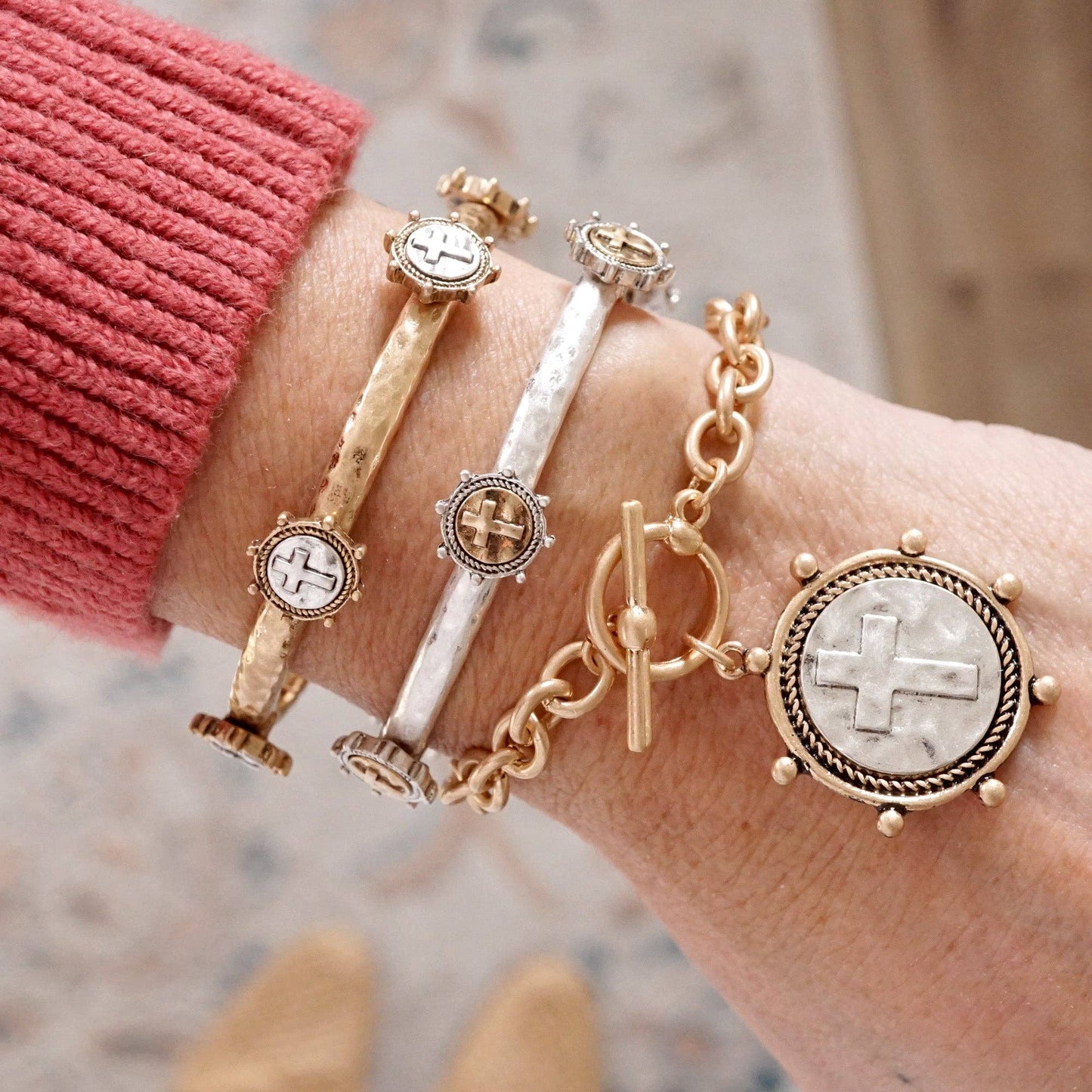 PennyLine inc - Cross Coin Bangle in Worn Silver or Gold Tone: Silver Tone