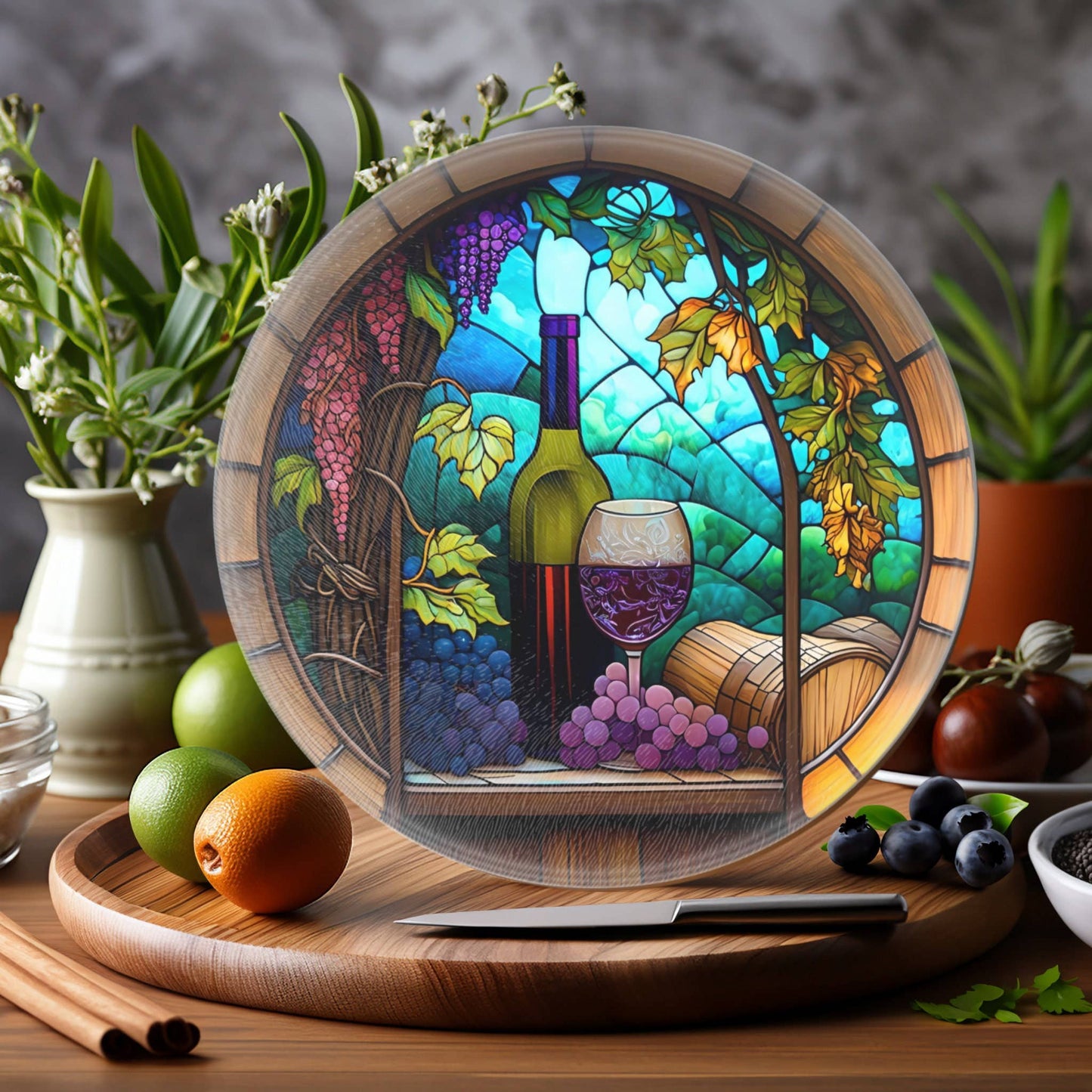 Fernville Creations - Wine Theme Cutting Board, Printed Image on Tempered Glass: 12 Inch