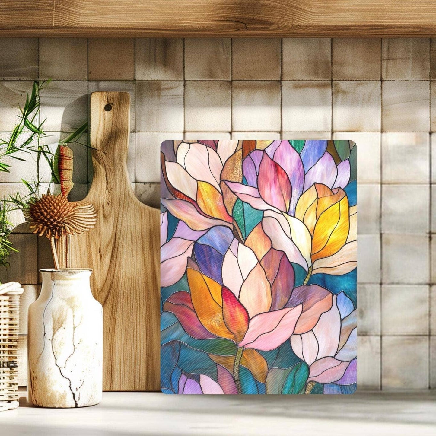 Fernville Creations - Imitation Stained Glass Flower Charcuterie Serving Tray: 12x15 Inch