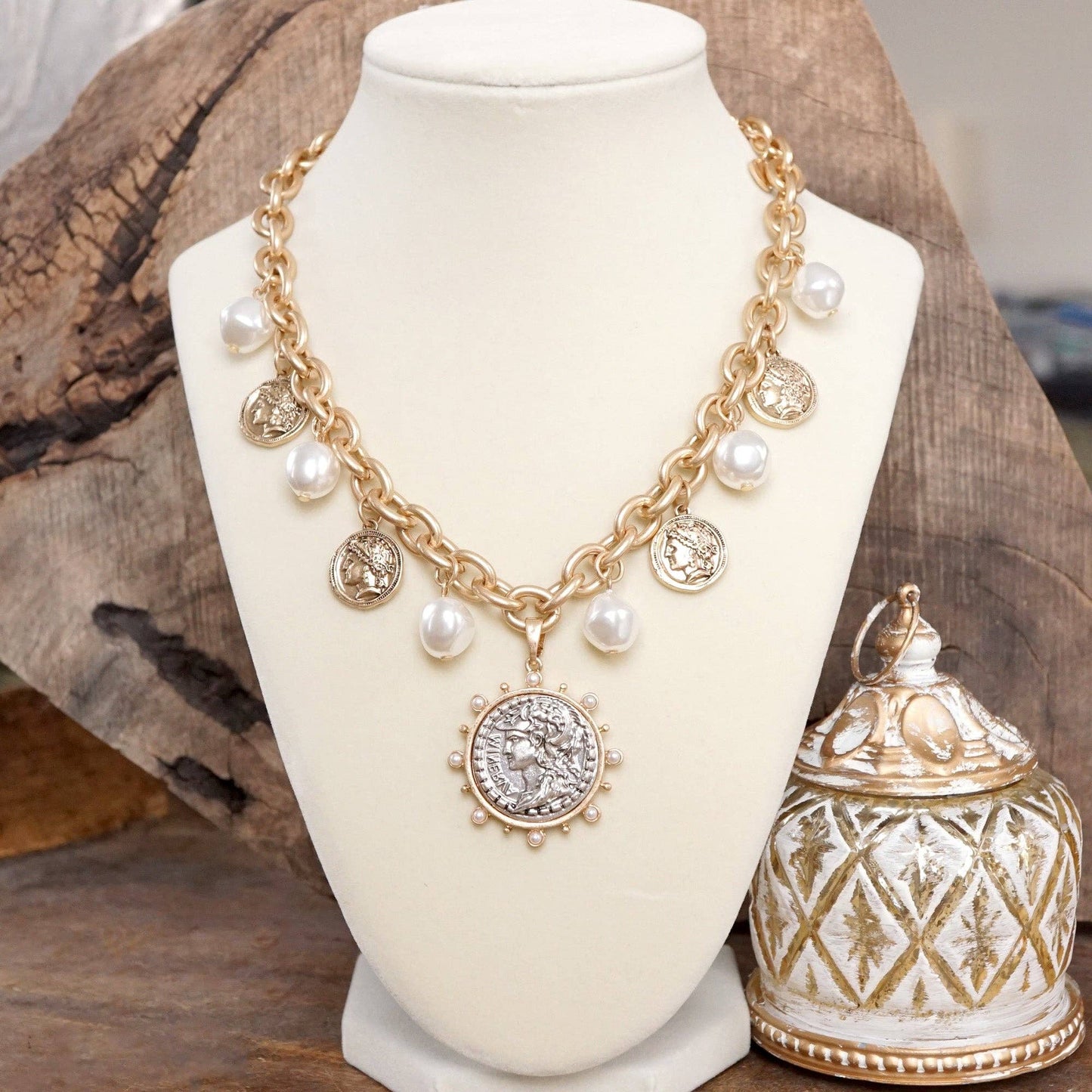 PennyLine inc - Boho Coin and Pearl Charms Statement Necklace – Gold and Silver Tone: Gold