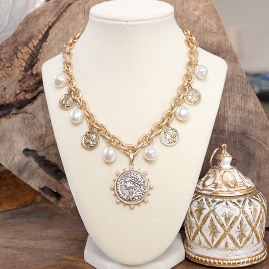 PennyLine inc - Boho Coin and Pearl Charms Statement Necklace – Gold and Silver Tone: Gold