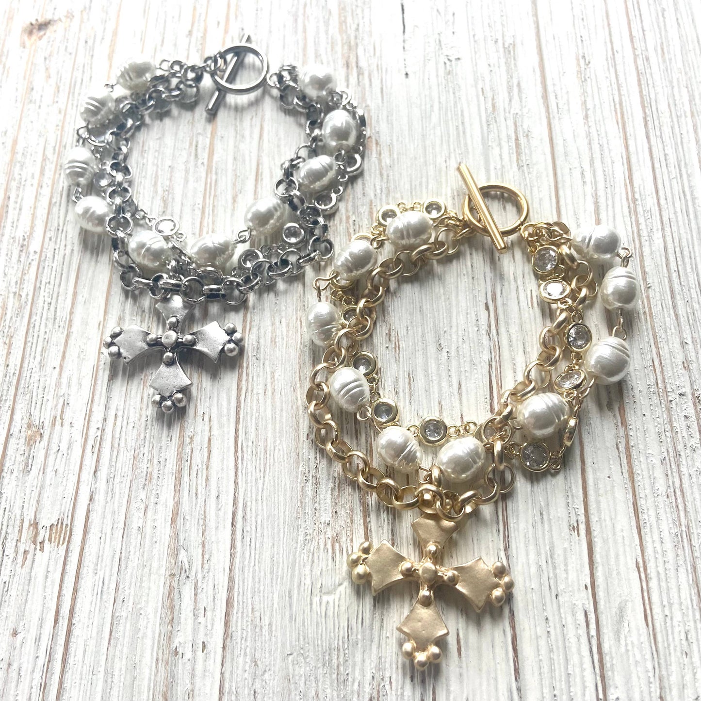 VB&CO Designs Handmade Jewelry - French vintage cross pearl matte gold jewelry: Matte gold