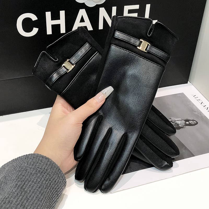 PEACH ACCESSORIES - LG004 Classic Elegance PU Leather Gloves with Shiny Buckle: Tan