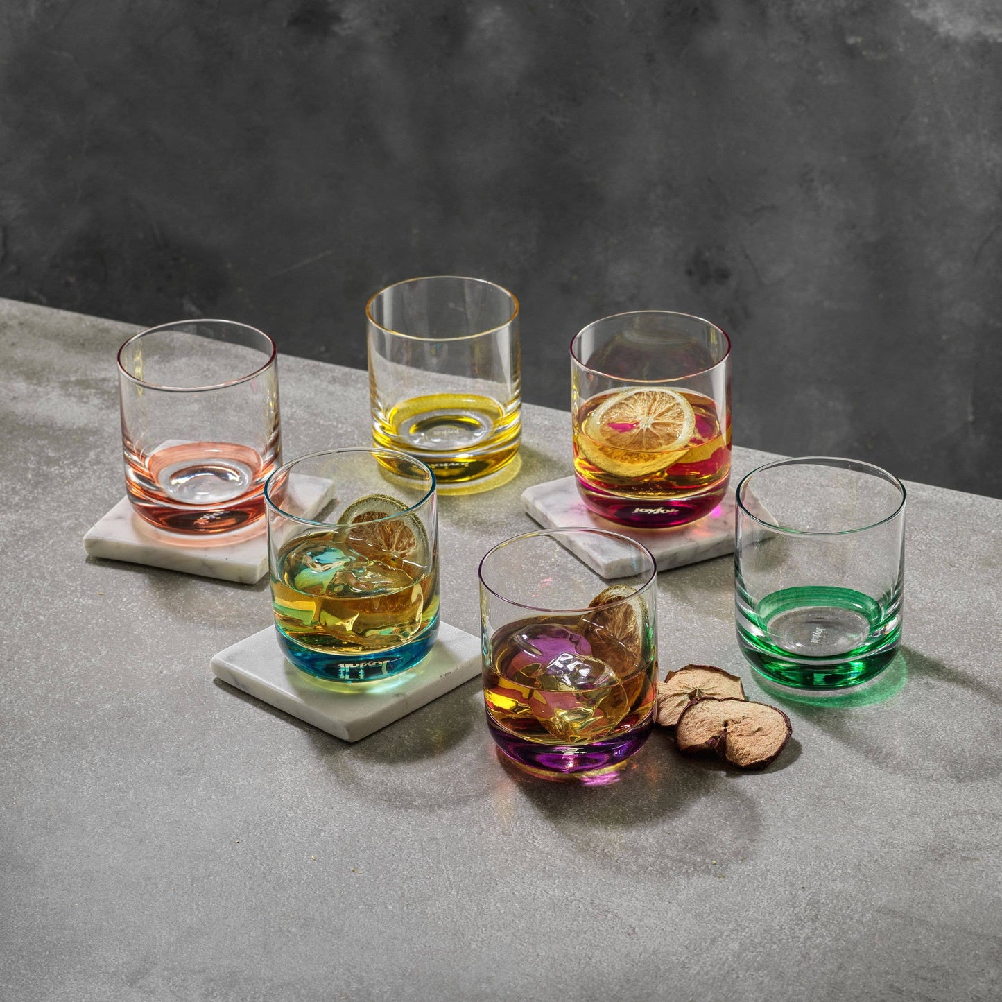 JoyJolt - Hue Colored Whiskey Tumbler Glasses, Set of 6