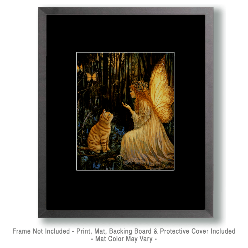 Mowbi - Late Night Discussion Fairy to Cat - Fairies Wall Art Prints – 8″x10″ Artwork for 11″x14″ Frame