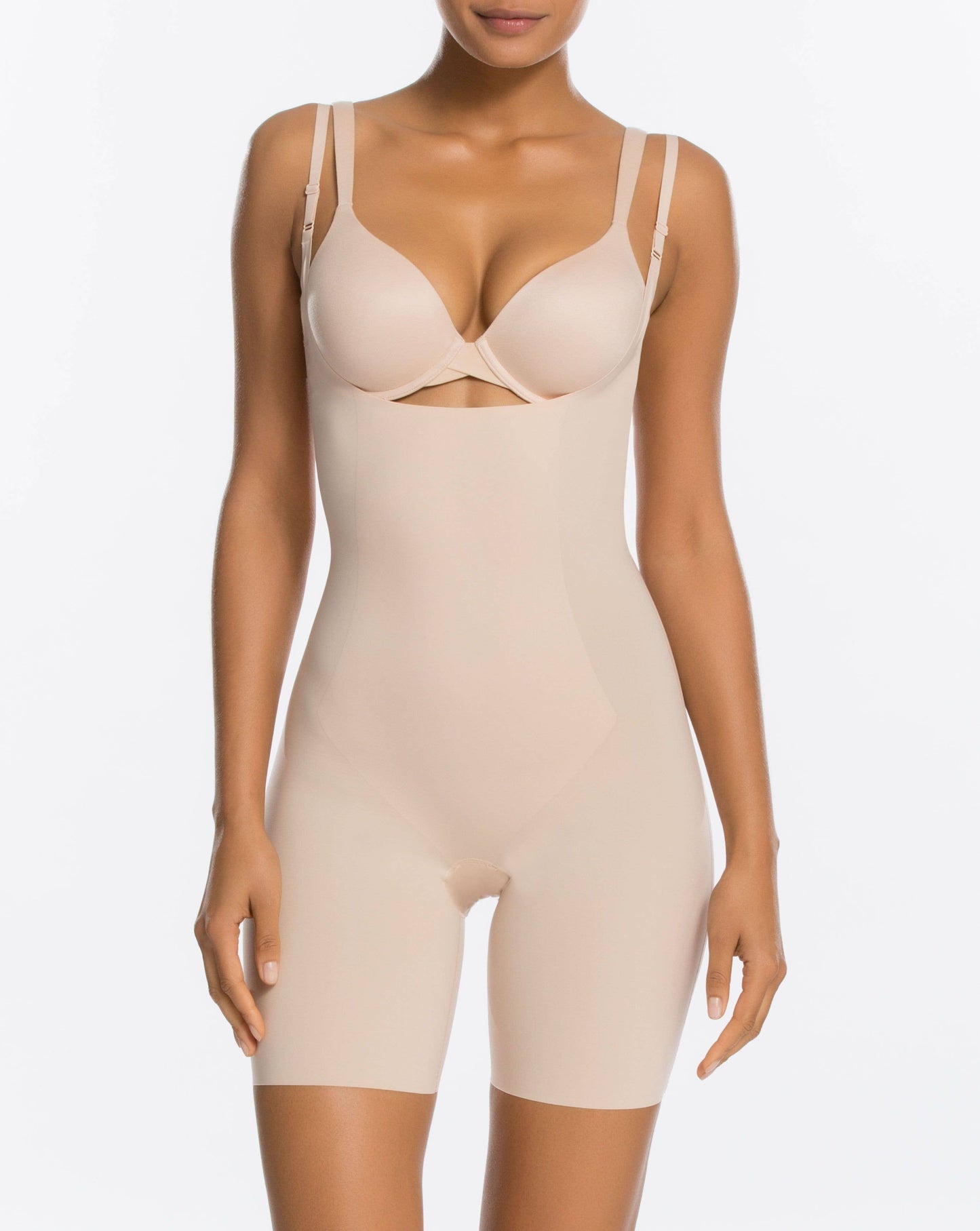 SHAPERX - SHAPERX Open-Bust Mid-Thigh Bodysuit shapewear: XL / Beige