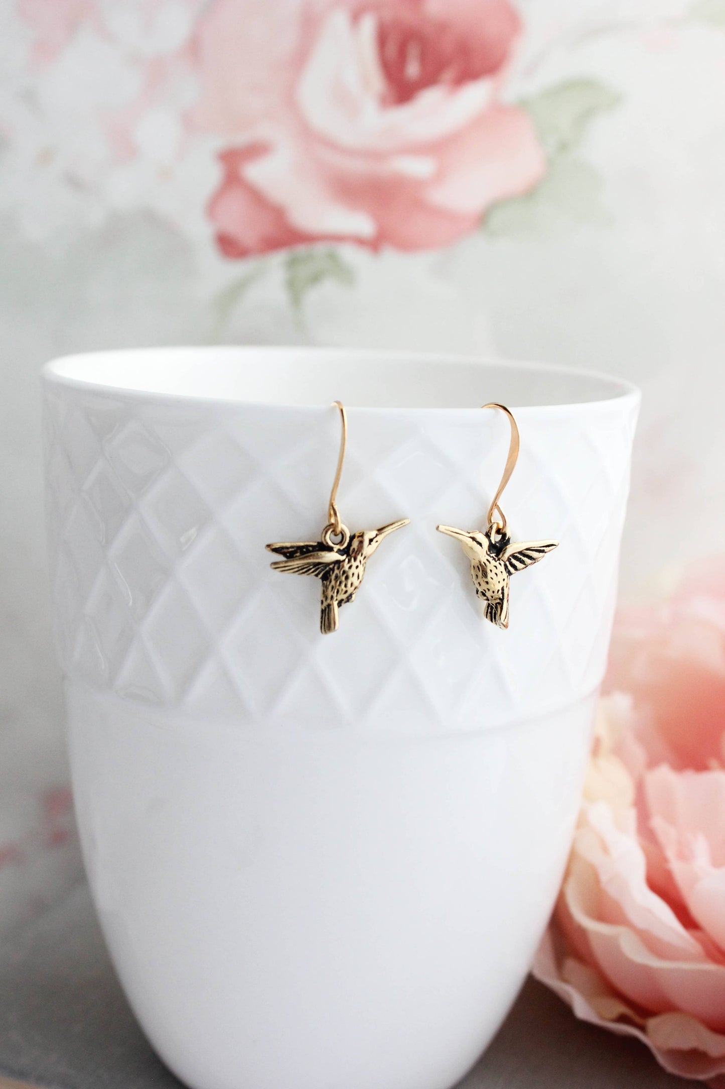 A Pocket of Posies - Hummingbird Earrings - antiqued gold