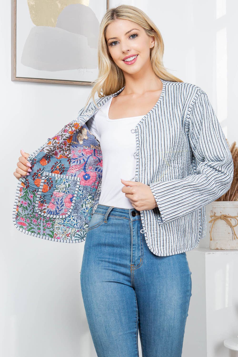 LA Soul - Floral Print Quilted Patch Cotton Jacket - Grey : XL