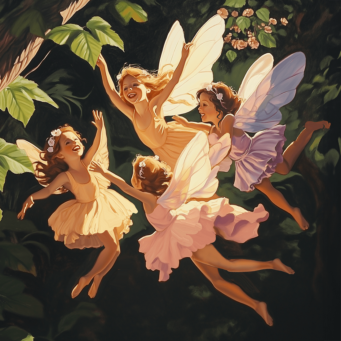 Mowbi - Giggling Fairies  in Flight - Fairytale Prints – 8″x8″ Artwork in 12″x12″ Mat