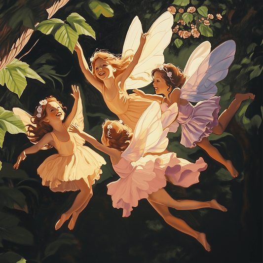 Mowbi - Giggling Fairies  in Flight - Fairytale Prints – 8″x8″ Artwork in 12″x12″ Mat